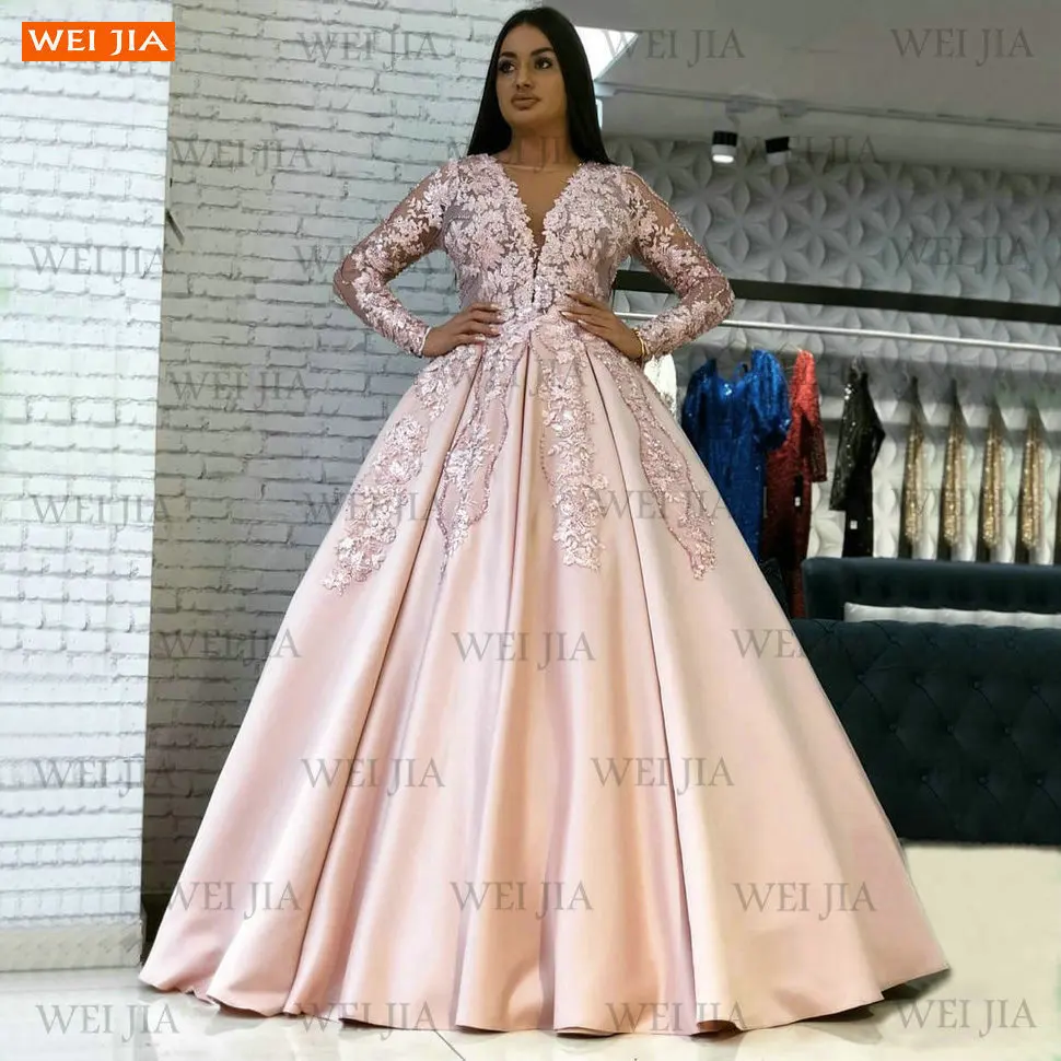 

Женское вечернее платье с длинным рукавом, розовое длинное платье с круглым вырезом, для выпускного вечера, 2021