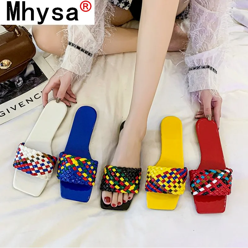 

Summer Flat Slippers 2021 Fashion Color Matching Open-toed Woven New Sandals for Women Outdoor Beach Flip Flops Plus Size 42