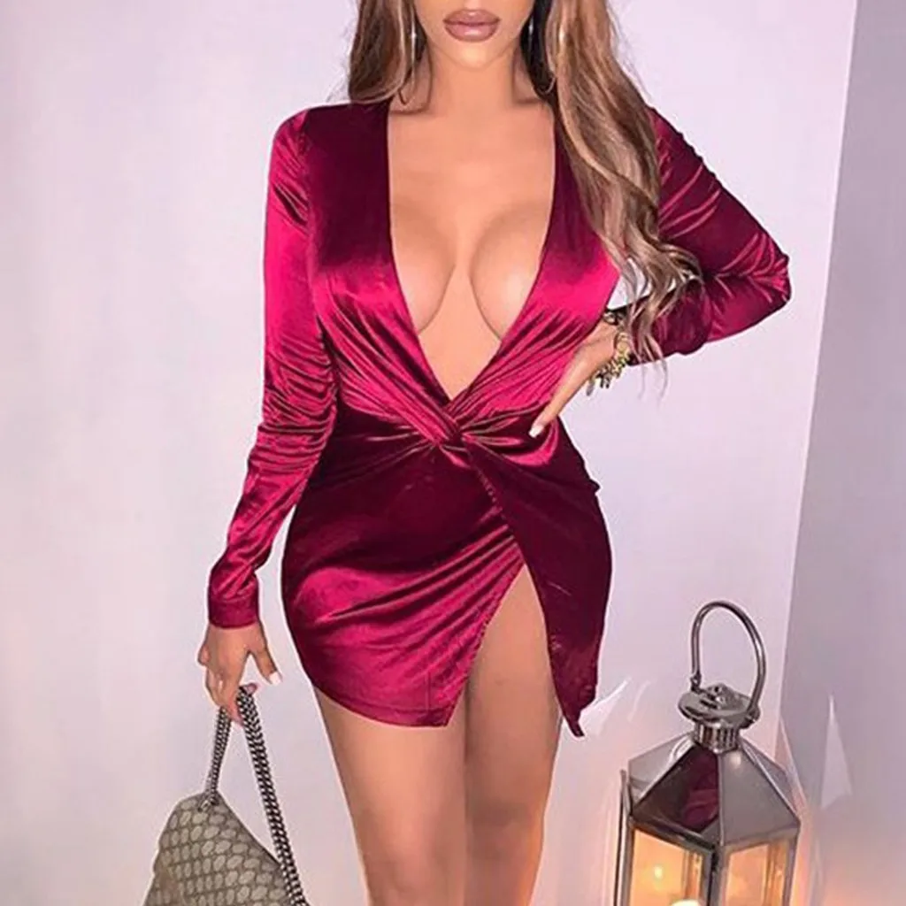 Соблазнительное женское однотонное сатиновое платье мини с длинным рукавом