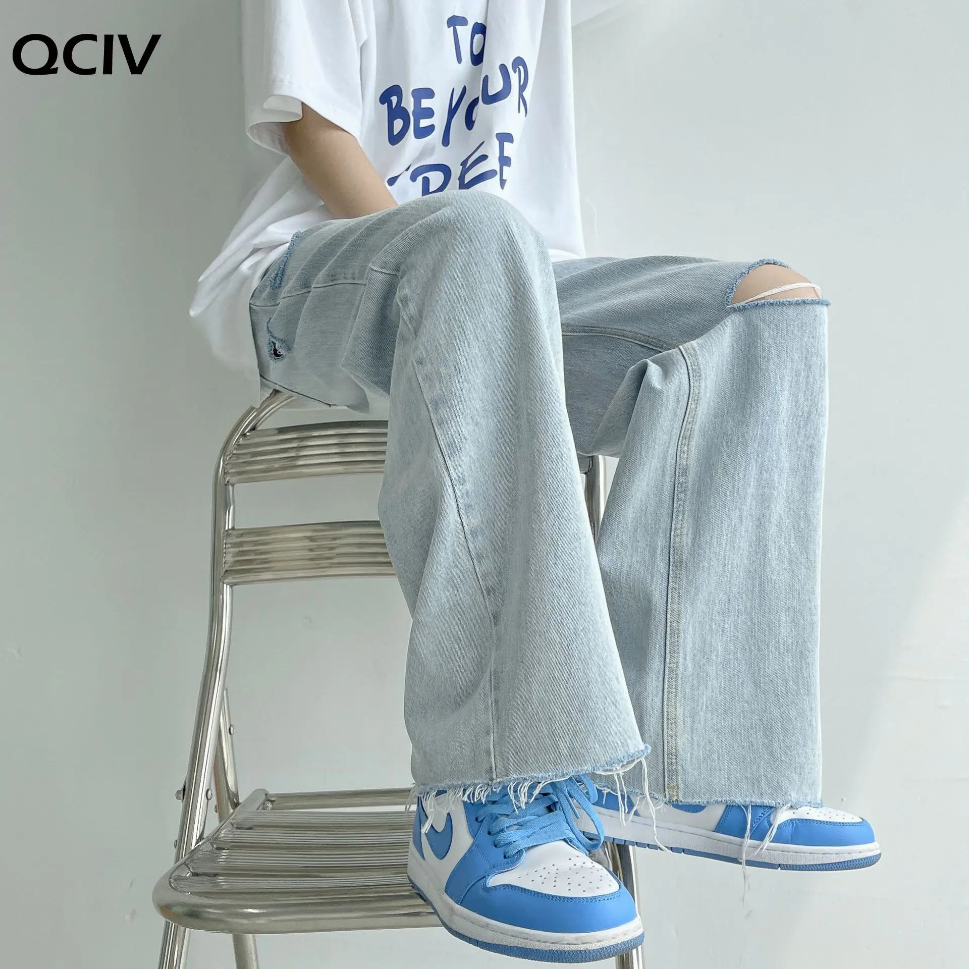 Summer Wide-leg Jeans Men Fashion Light Blue Casual Ripped Jeans Men Streetwear Loose Hip-hop Hole Straight Denim Trousers Men