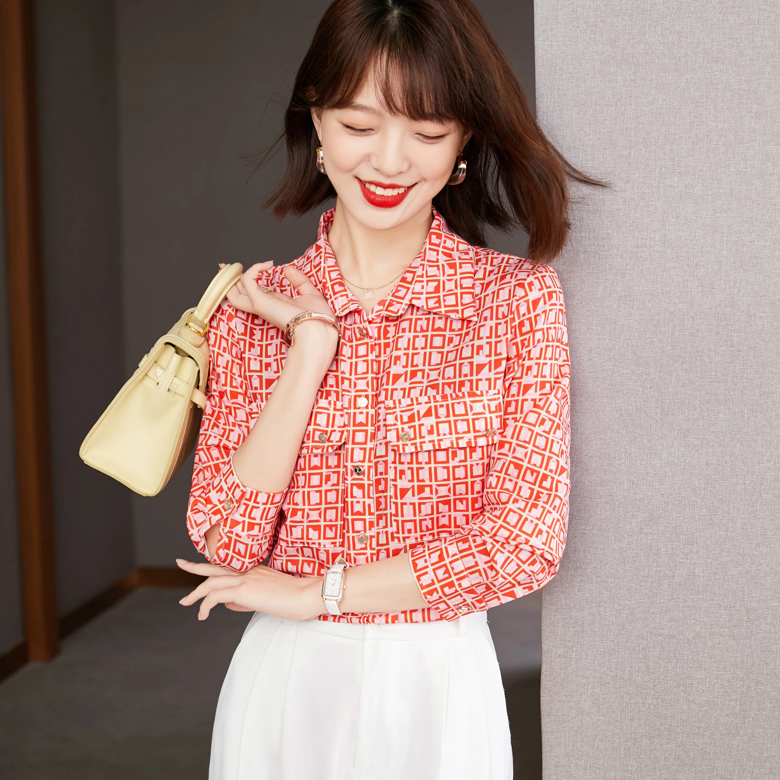 

Женская шифоновая блузка с длинным рукавом, красная формальная рубашка в клетку для работы и весны, Новинка осени 2021