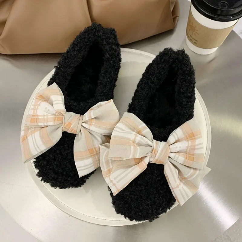 Fashion The New Fur Shoes Winter Casual Slip-On Round Toe Butterfly-knot Plush Keep Warm Comfortable Breathable Flat Plus velvet