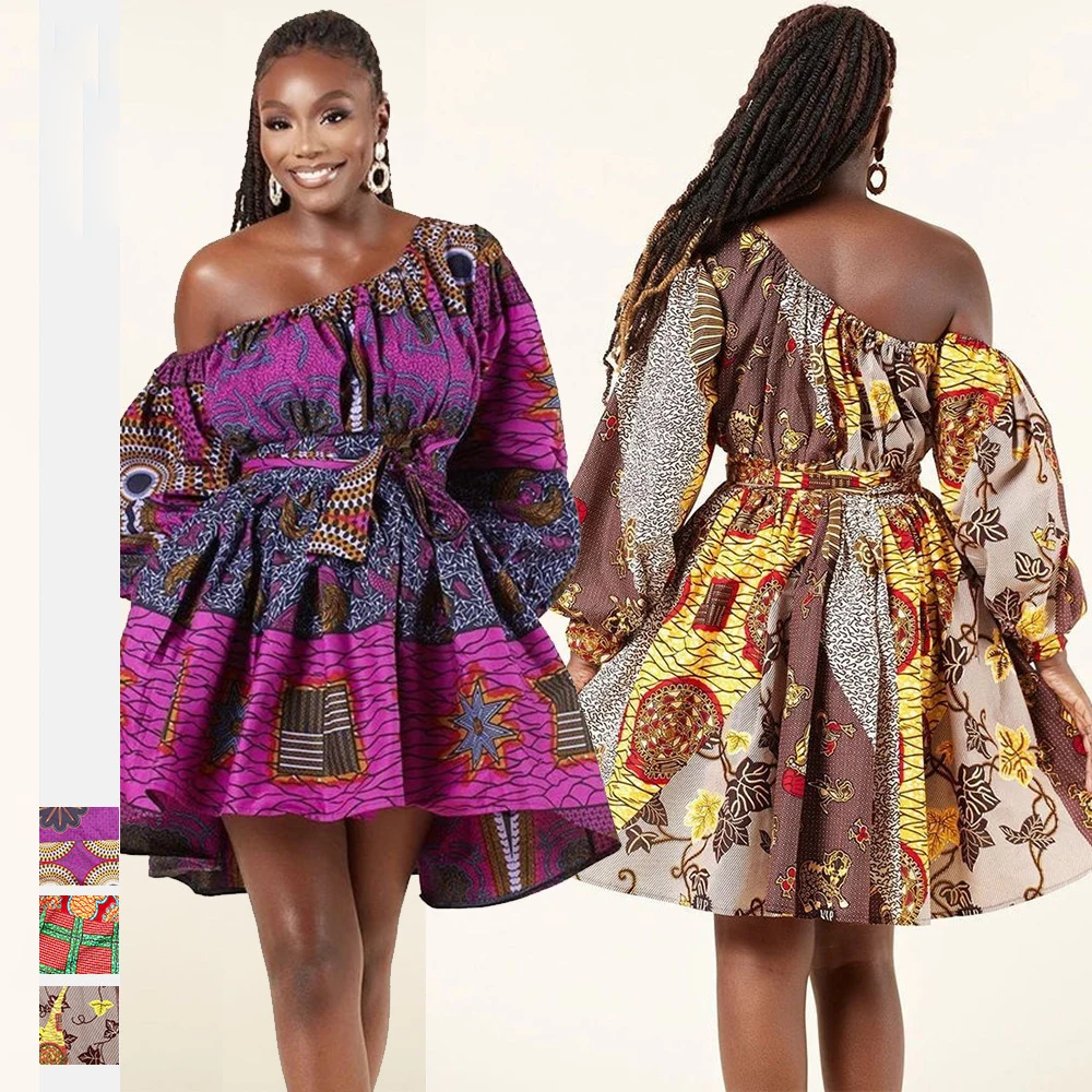 

Fashion Wax Hollandais Africain 2021 Nigerian Clothes Ethnic Party Dress Long Sleeve Sexy Short Skirt Robe Wax