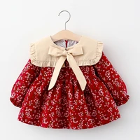 autumn baby girls dress toddlers kids long sleeve ruffle o neck partywear floral print a line dress with bow decor casual