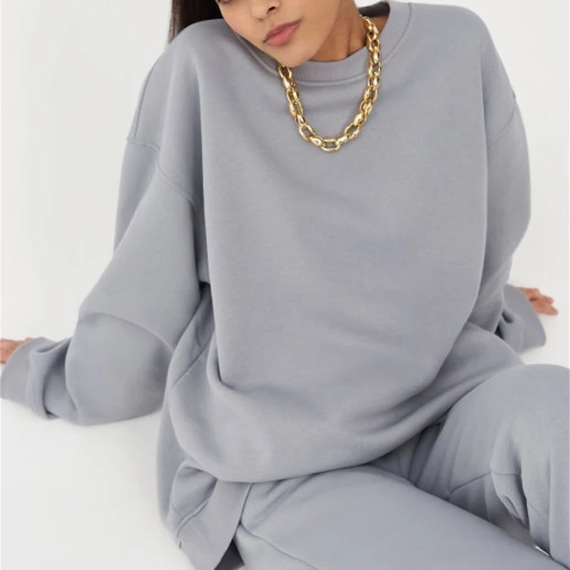 

Casual O-Neck Pullovers Woman Long Sleeve Loose Solid Pullovers Sport Style 2021 New Fashion Room Bright Line Decoration