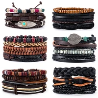 vintage wood beads retro multilayer leather bracelet male fashion braided handmade rope wrap bracelets bangles for men