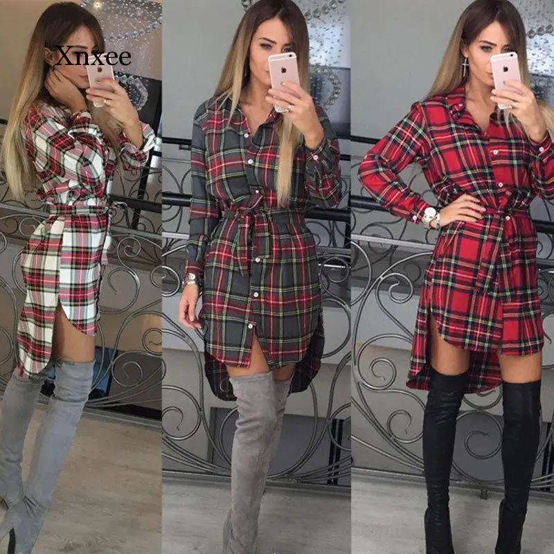 

Женское винтажное мини-платье-рубашка с асимметричным подолом, клетчатое однобортное платье в британском стиле с длинным рукавом, уличная ...