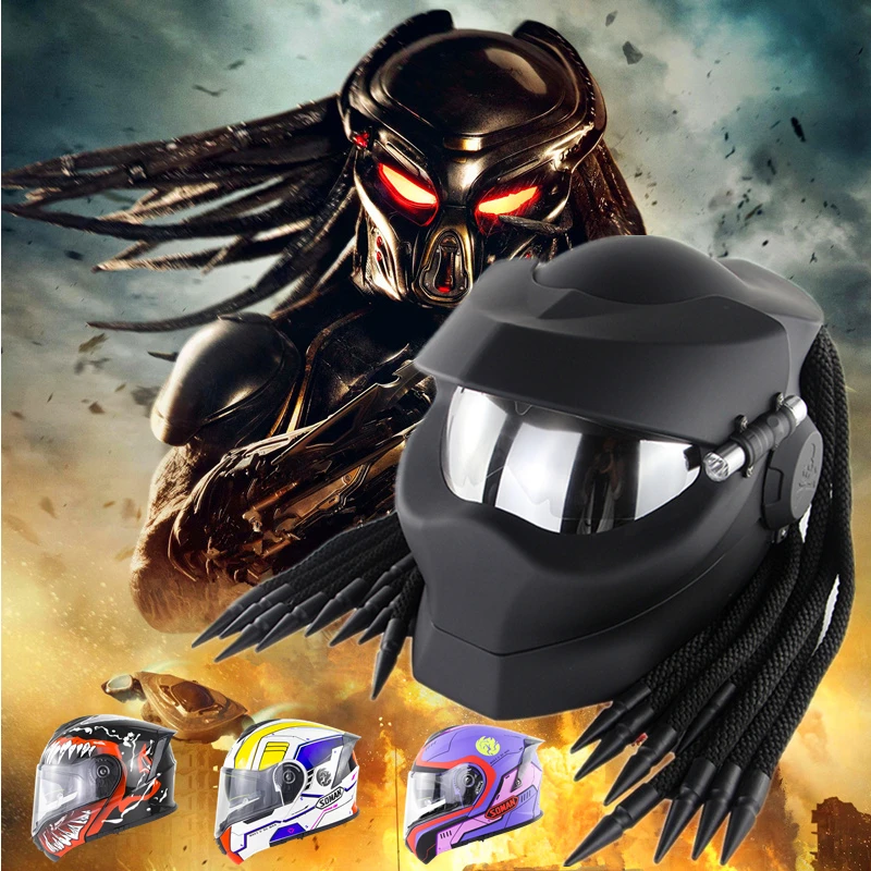 

Black Predator Helmet Motorcycle with Braids Ironman Venom Helmet Custom Cascos Visor Capacete Gundam Casque Predator Capacete
