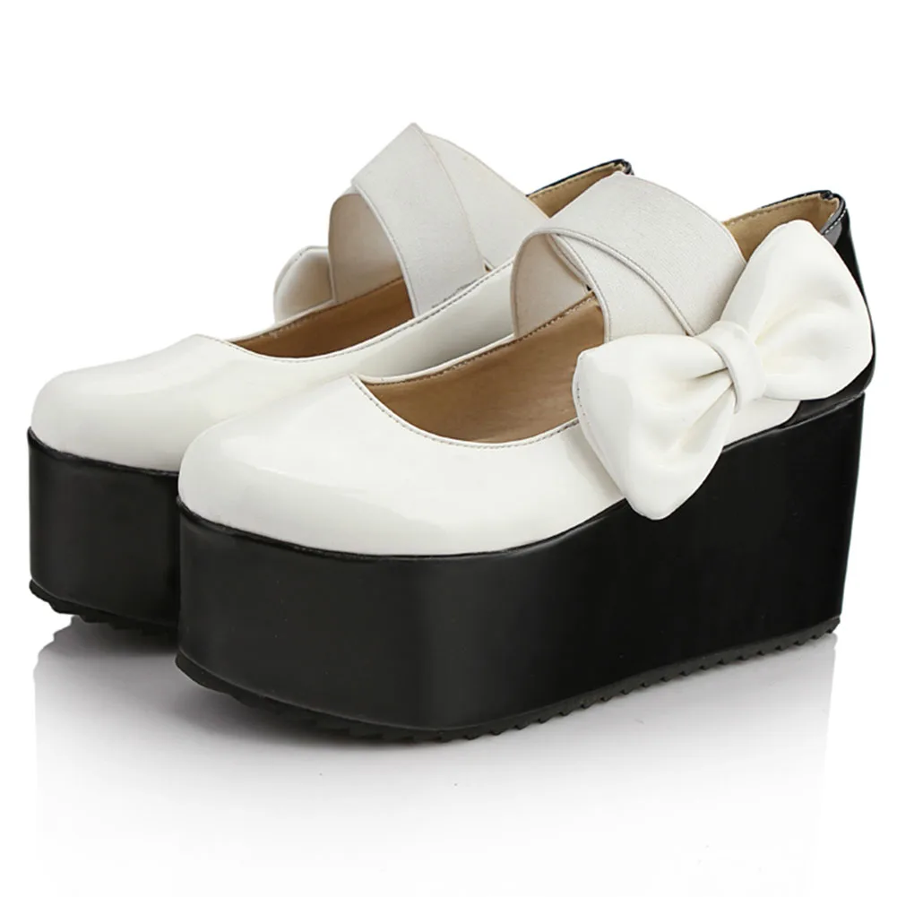 

BONJOMARISA 2021 Brand Female Fashion Punk Chunky Bowknot Pumps Spring Gothic Round Toe Wegdes Pumps Women Platform Shoes Woman