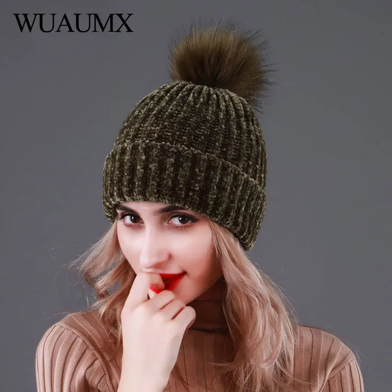 Wuaumx, брендовые вязаные зимние шапки для женщин, меховая шапка с помпоном, одноцветная, зеленая, черная, розовая, повседневная женская шапка Skullies Beanies