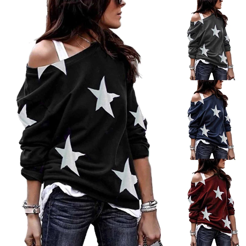 

Fashionable Black Cute Slouchy Knitted Off Shoulder Sweatshirt Women