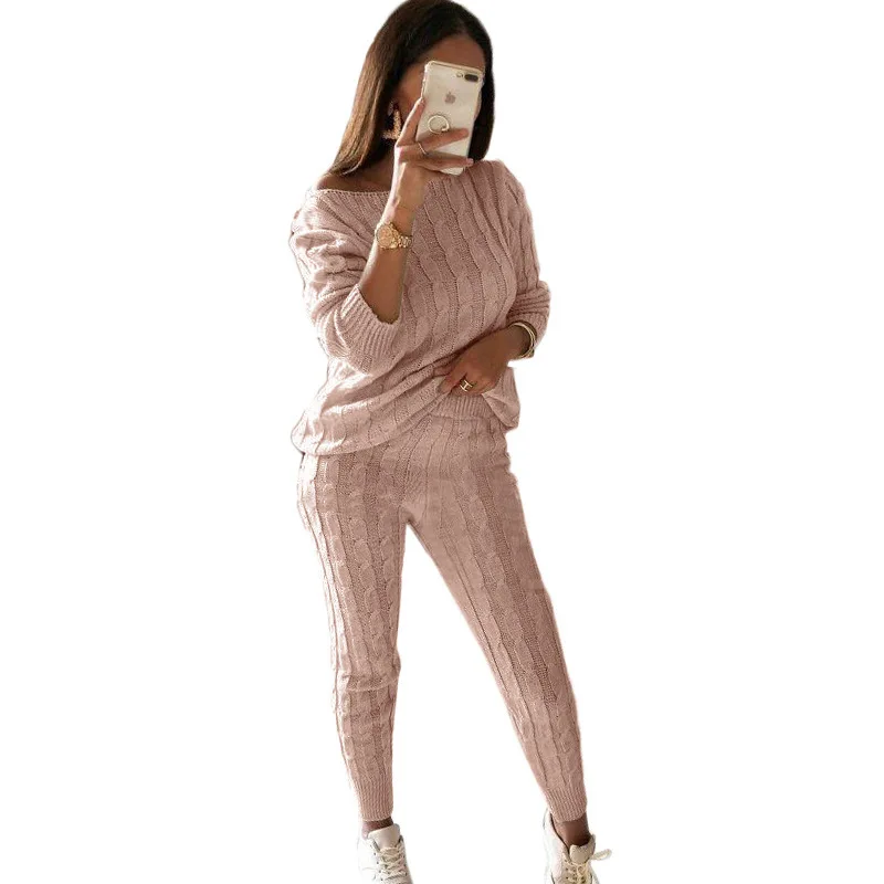 

2019 knitted suit Winter Warm Suits two 2 piece set outfits for women Womans Solid Slash Neck Sweater + long Knitted pants Sets