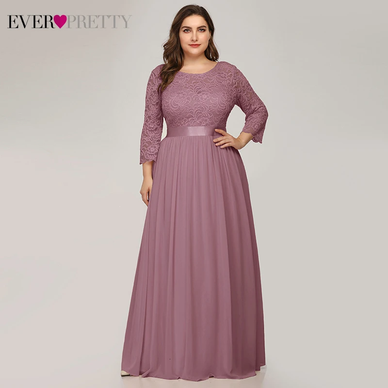 Dusty Pink Платья с длинными рукавами Ever Pretty, шифоновое темно-синее платье большого размера, с длинным рукавом, трапециевидного силуэта, длинное кружевное платье для гостей свадьбы, EP07412, зима - Цвет: Dusty Pink