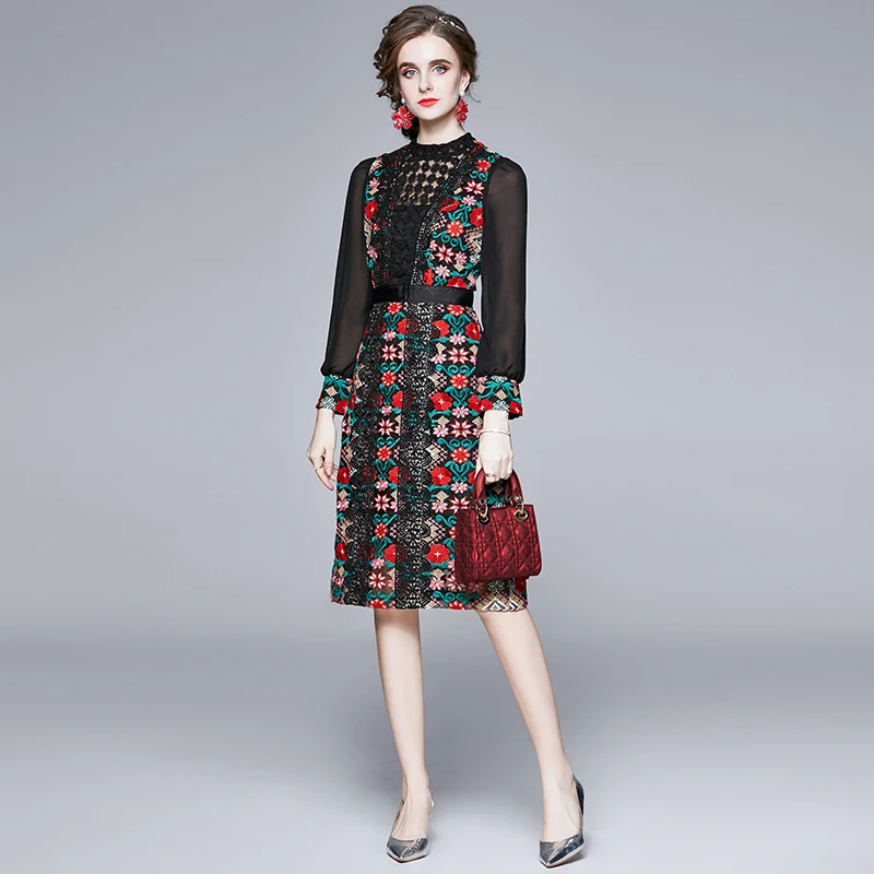 

BLLOCUE High Quality Women Autumn Parchwork Retro Embroidery Flower Hollow Mesh Long Sleeve Elegant Lace Chic Dress vestidos