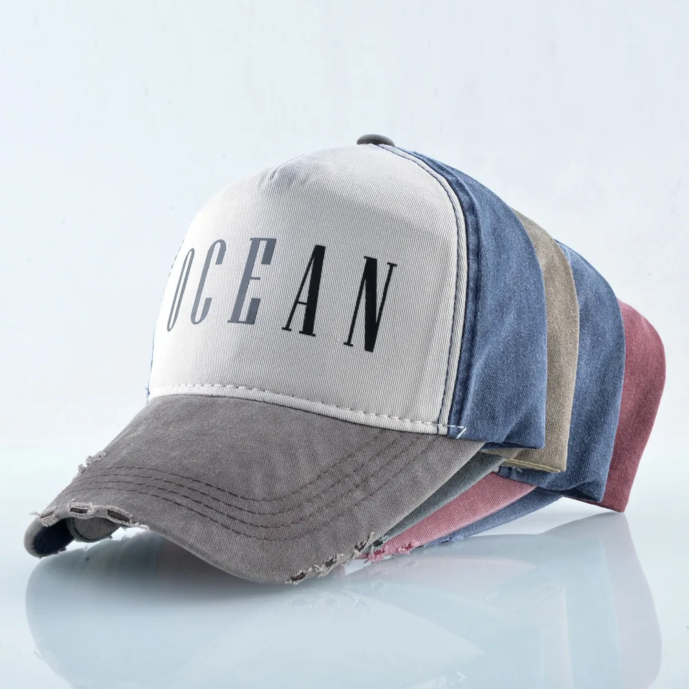 

New Style Denim Sun Hat For Men Baseball Caps Women Letter OCEAN Retro Dilapidated Design