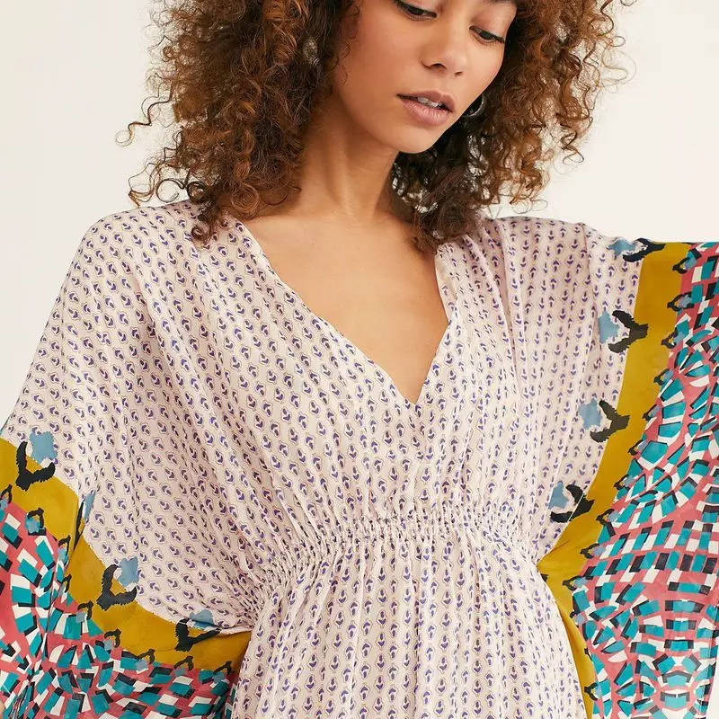 

Beach Dress Swimsuit Cover Up Sexy Swimsuits Dresses Summer Play Printed High Waist Elastic Smock Robes Acetate Print