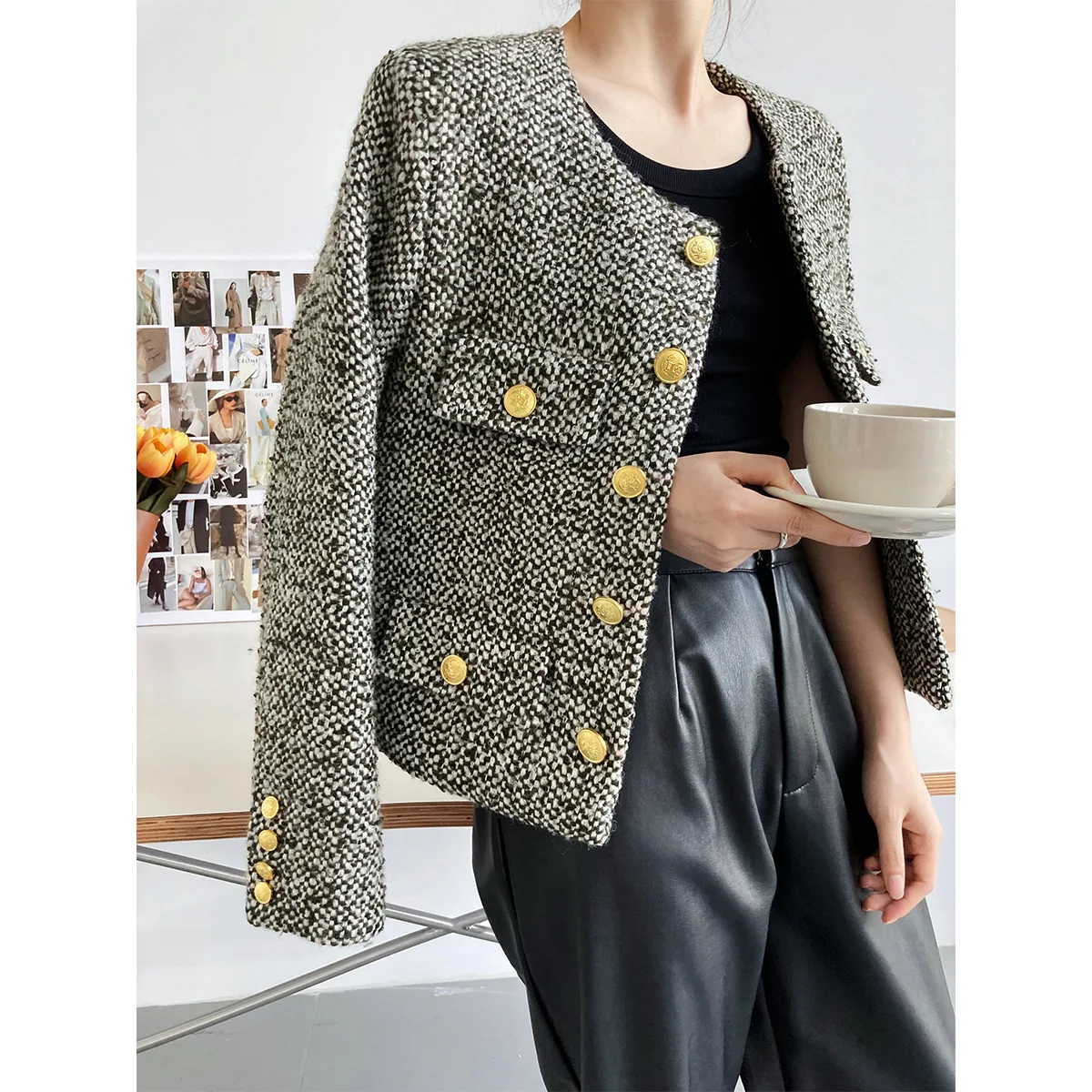 

Green Mixed Color Wool Tweed Coat Women 2021 Autumn and Winter Korean Single-breasted Fashion Short Socialite Style Top Jackets
