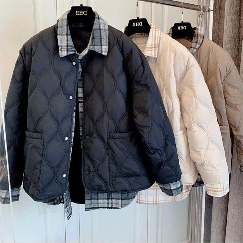 

Faux Two Piece Shirt Coats Women Winter Jackets Warm Parkas Beige 2021 New Outwear for Womens Jackets Coats Short Design Parkas