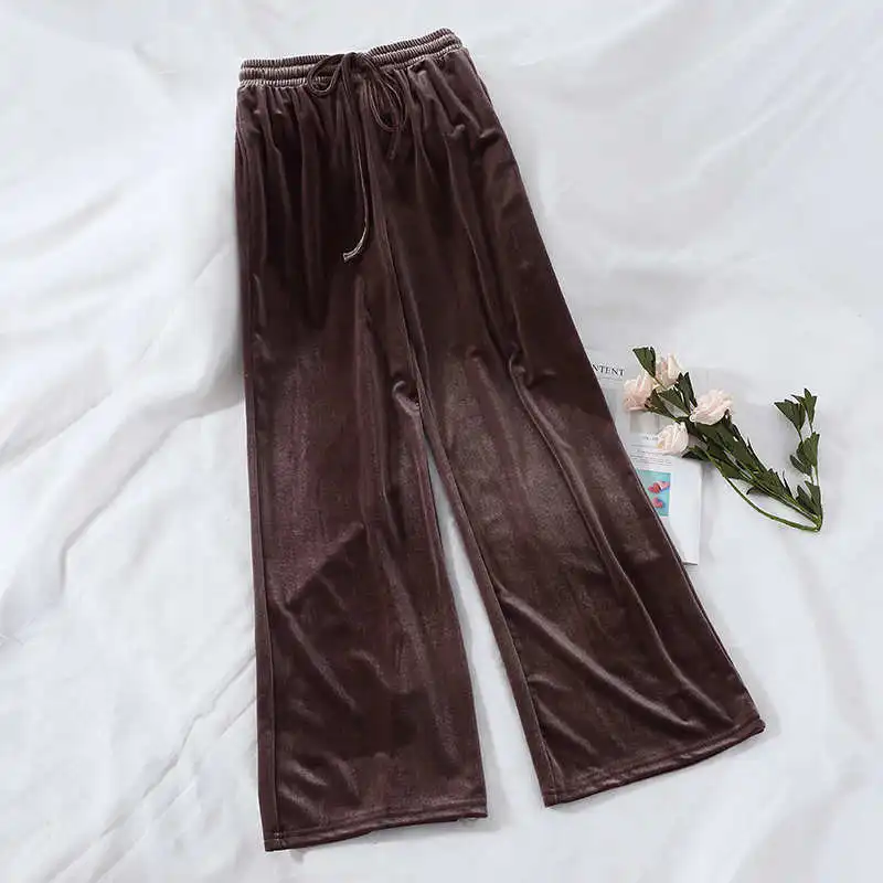 

Gold Velvet Wide Leg Pants Women Autumn Winter Lace Up Loose High Waist Long Pants Pantalon Femme Casual Warm Sweatpants C6698