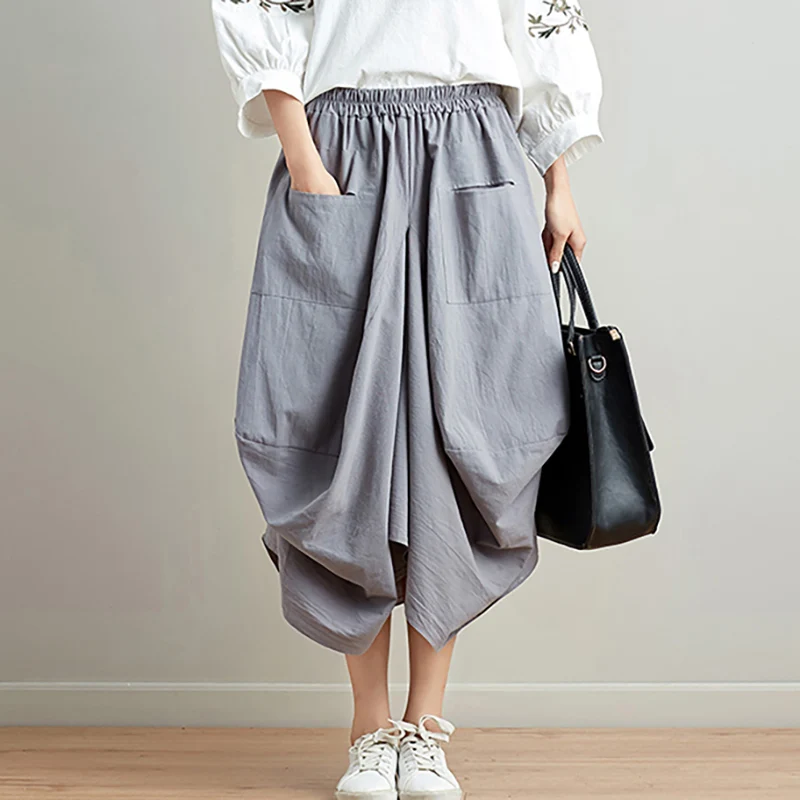 Юбка миди женская летняя из 100% хлопка и льна с высокой талией эластичным