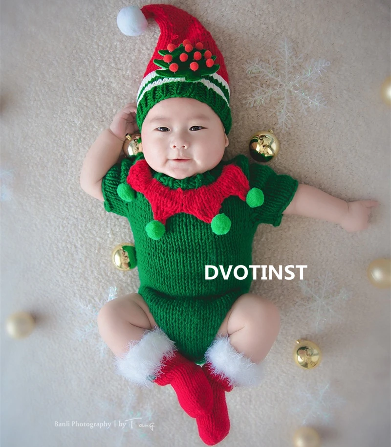 Dvotinst Newborn Photography Props for Baby Crochet Knit Green Christmas Outfits Clothes Rompers Fotografia Accessory Photo Prop