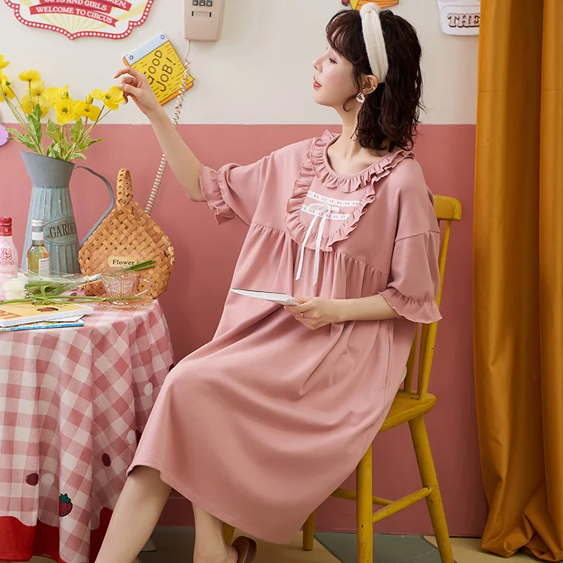 Nightdress Women's Summer New 2021 Pure Cotton Princess Style Court Style Spring Nightwear Short Sleeve Home Wear Sleepwear