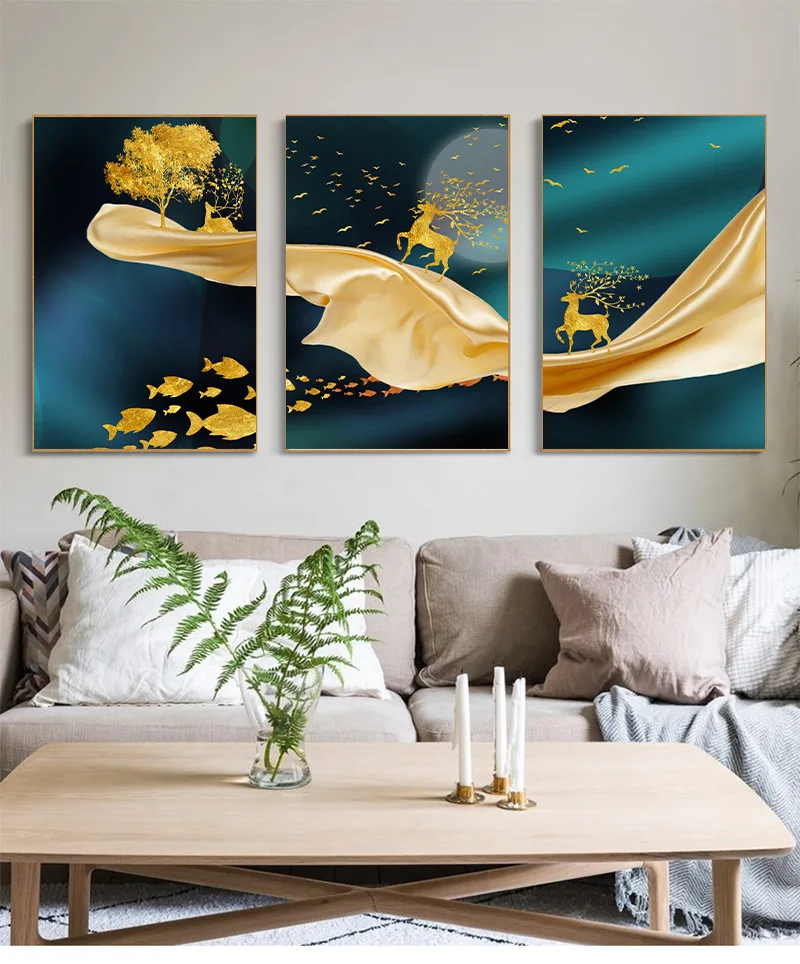 

Abstract Golden Foil Canvas Painting Modern Gold Sun Deer Wall Art Picture for Living Room Nordic Blue Green Block Poster Print