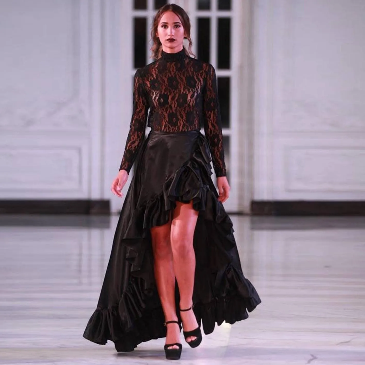 

Black Long Skirt Women's Wrap Around Asymmetric Skirt A-line Silhouette Dramatic Ruffled Hem Handmade Ruffles High Low Skirts