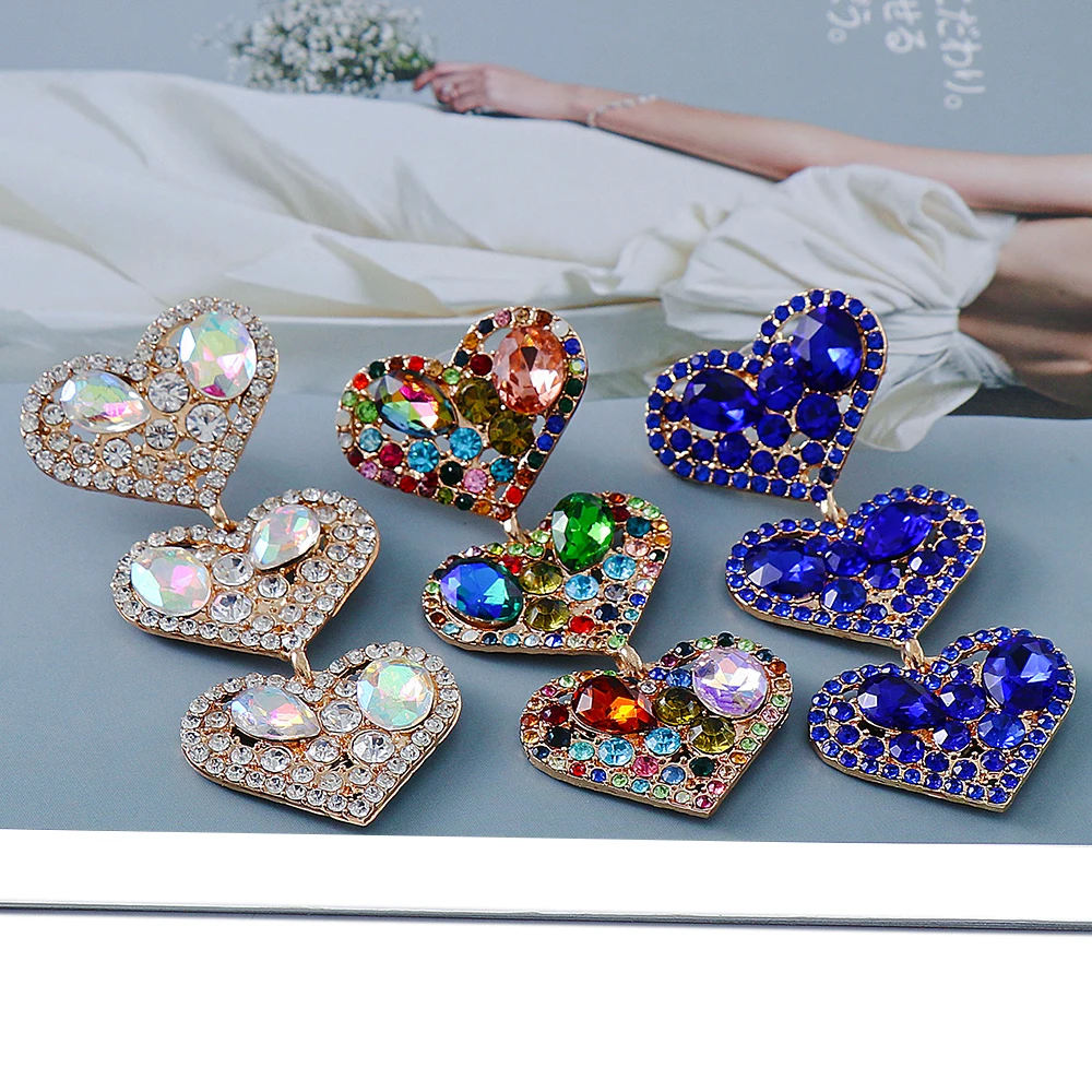 

New Hot Sale Heart Earrings Shine Rhinestone Geometry Hollow Design Jewelry Earrings For Women Senior Wedding Accessories