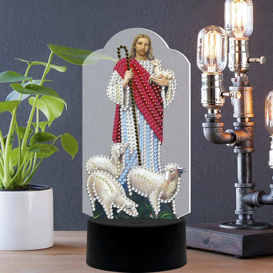DIY LED Diamond Painting Light Jesus And Sheep Cross Stitch Embroidery Lamp Special Shaped Drill Lights Home Decoration | Дом и сад