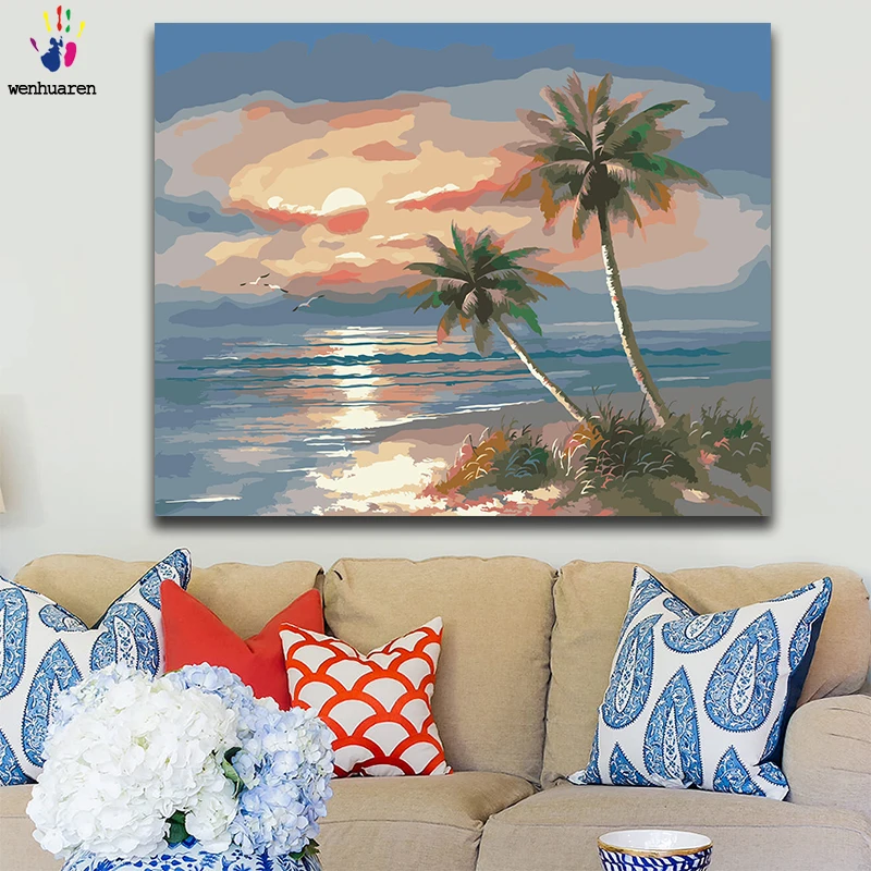 DIY картинки для раскраски по номерам с цветами пляжный морской пейзаж