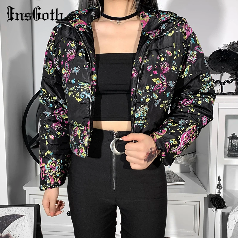 

InsGoth Vintage Floral Print Black Coat Goth Warm Cotton Padded Coat Fairy Grunge Long Sleeve Women Winter Thick Zipper Jacket
