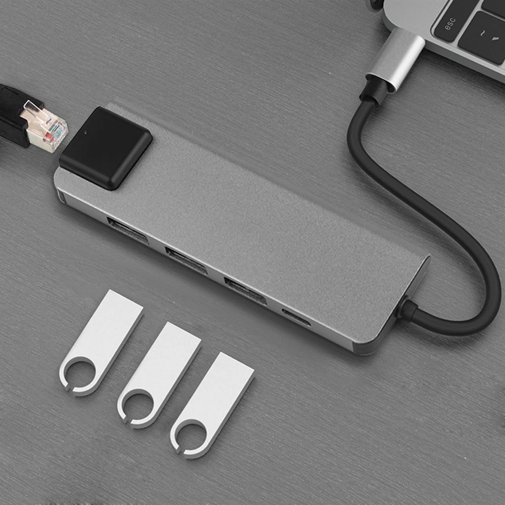 

5-in-1 USB HUB Type-C to HDMI 4K HUB USB3.0 C Hub to Gigabit Ethernet RJ45 Lan Converter for Thunderbolt 3 USB-C Charger New
