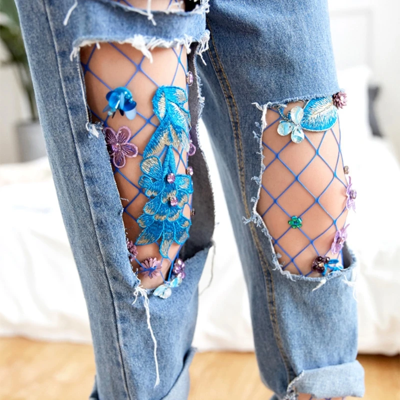 Женские ажурные колготки сетчатые ручной работы с 3D вышитыми цветами стразы для