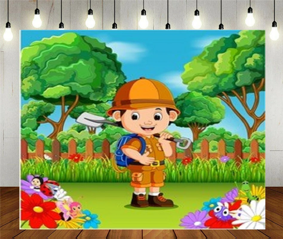 

Photo Studio Props Photography Backdrop Cute Boy Holding Shovel In Flower Garden Cartoon Vinyl Background Kids Birthday Party