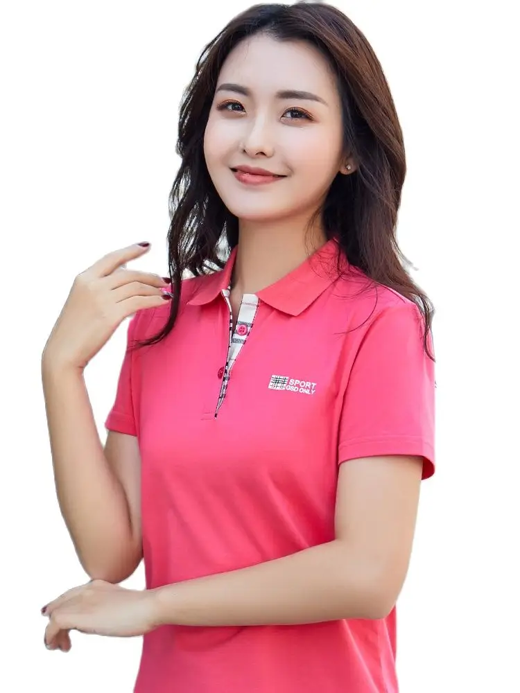 Женская летняя хлопковая Футболка поло с коротким рукавом и отложным