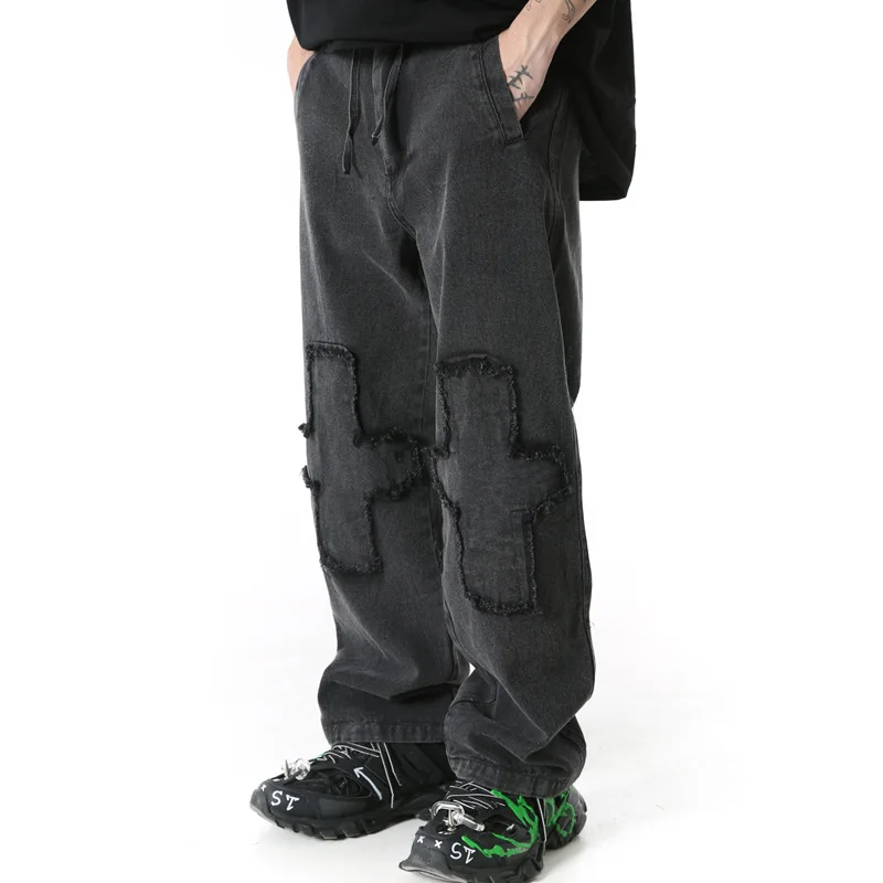

2020 Hip Hip Baggy Pants Streetwear Men Loose Denim Pants Black Vintage Patchwork Pants Harajuku Joggers Trousers Cotton WO122
