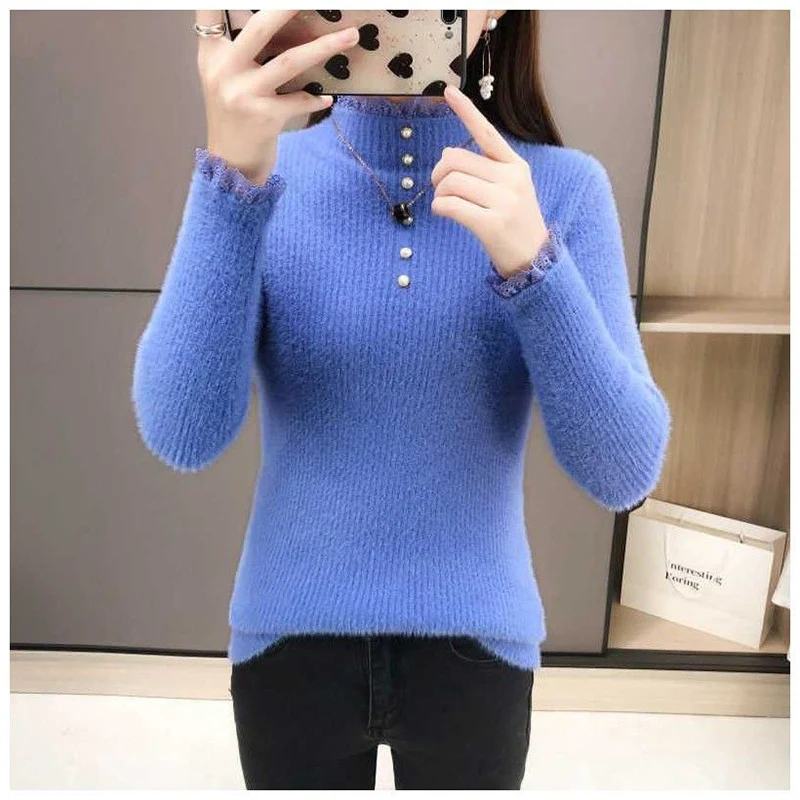 

Женские свитера EBAIHUI, однотонные кружевные вязаные повседневные облегающие жаккардовые полосатые пуловеры, Зимняя Толстая вязаная водолаз...