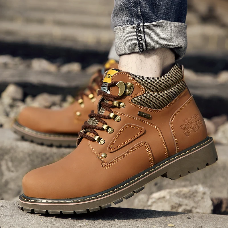 Wear resistant Work boots Men's Shoes Quality Tooling Boots Leather Army Male Tactical Military Botas Rubber Cool Work Shoes Man