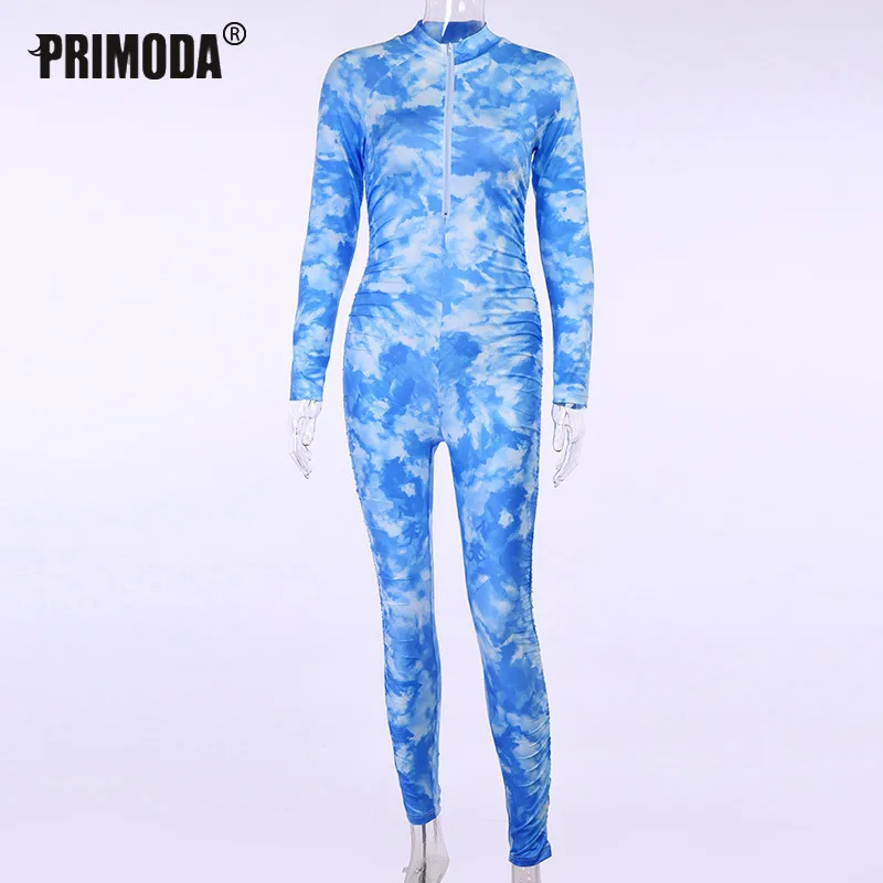 

Cloud Sky Tie Dye Ruched Casual Jumpsuits Sport Biker Shorts Rompers Women Long Sleeve Active Wear Fit Bodycon Playsuit PR1584G