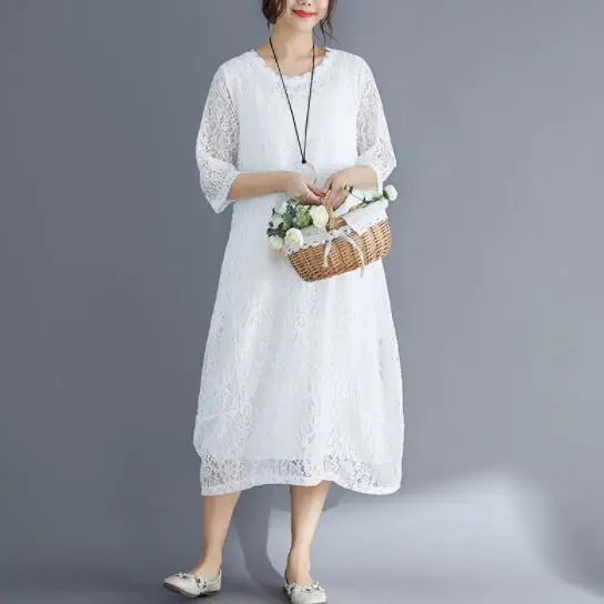 Mori Girl/Белое Женское милое кружевное открытое летнее платье 2020 с рукавом средней