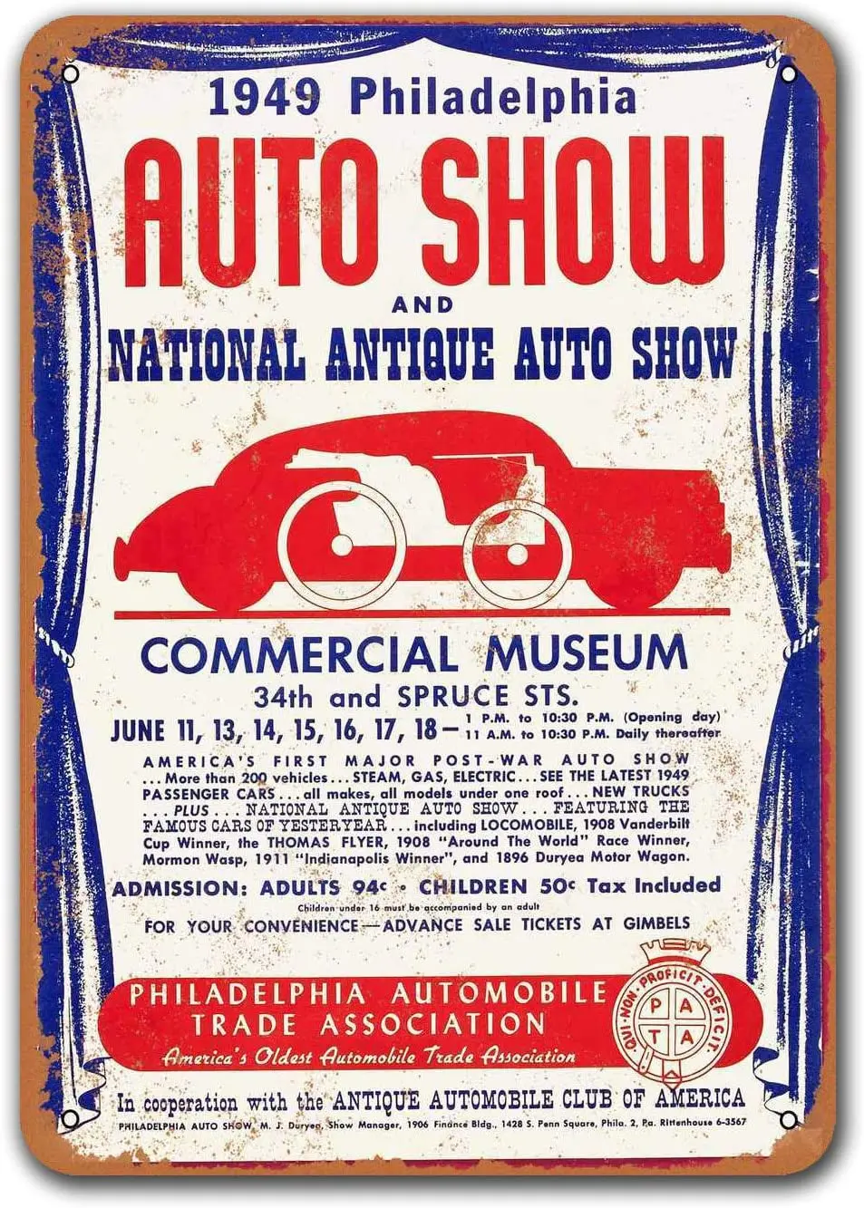 

1949 Филадельфия Auto Show Tin винтажные металлические знаки Cars, Sisoso таблички, мужской стиль, Ретро Декор стен