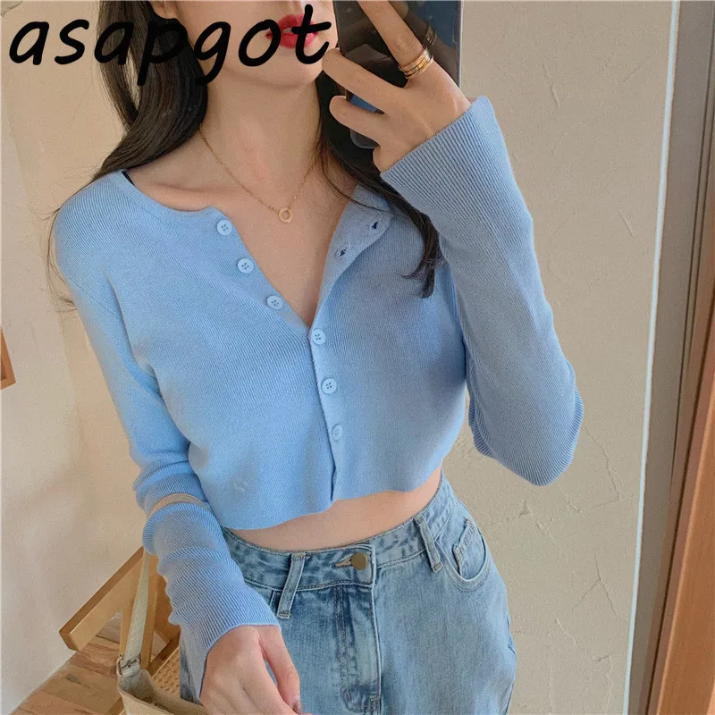 Candy Color Ribbed Knitted Cardigan Women Autumn Winter Long Sleeve Basic Cropped Sweaters Female Casual Short Jumper Top |