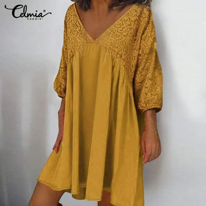 Bohemian Dress Celmia Women 3/4 Sleeve V-neck Summer Lace Sundress Casual Loose Pleated Party Robe Femme Mini Vestidos Plus Size | Женская