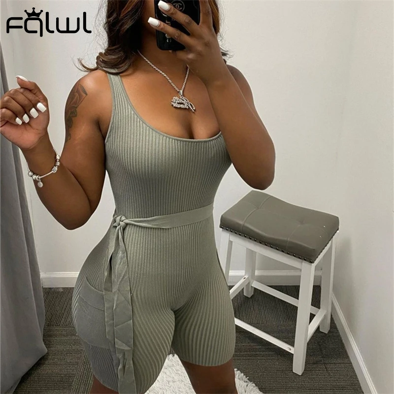 Женский комбинезон с поясом FQLWL Черный Повседневный цельный без рукавов в рубчик