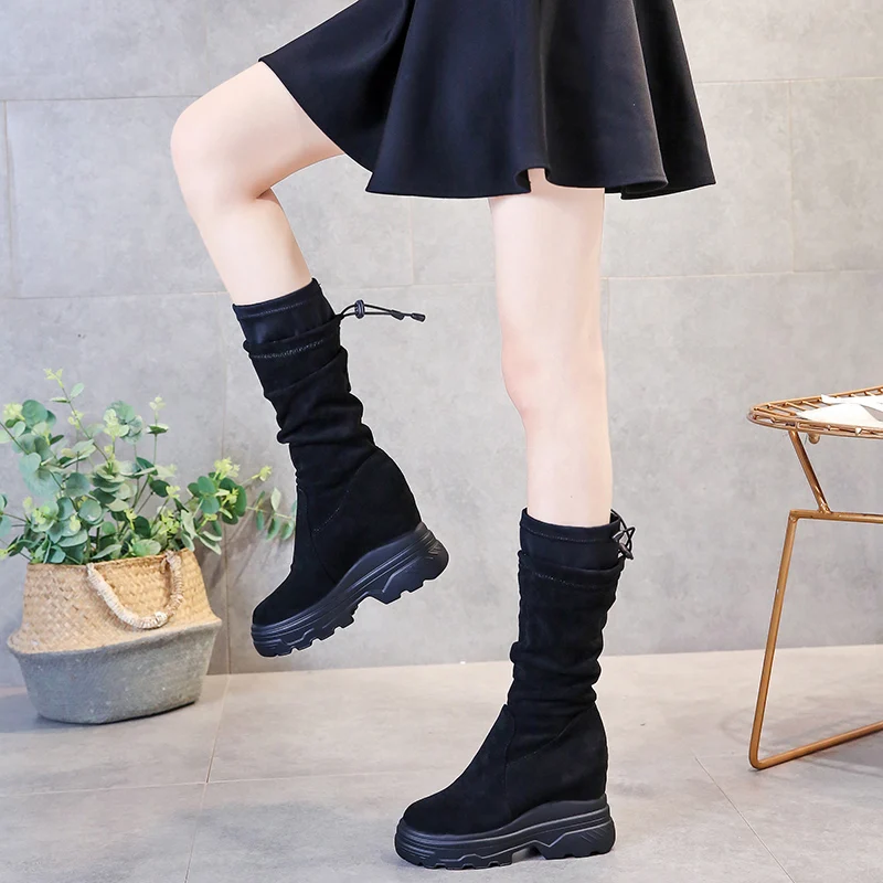 SWYIVY/Chaussure Femme Обувь на танкетке до середины икры Женская зимняя обувь 2019 года