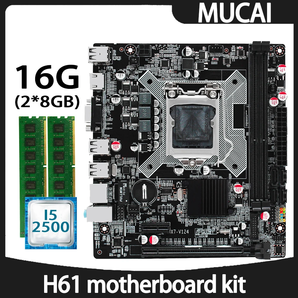 

Материнская плата MUCAI H61 LGA 1155 комплект с процессором Intel Core i5 2500 и DDR3 16 Гб (2*8 ГБ) 1600 МГц ОЗУ память ПК компьютер