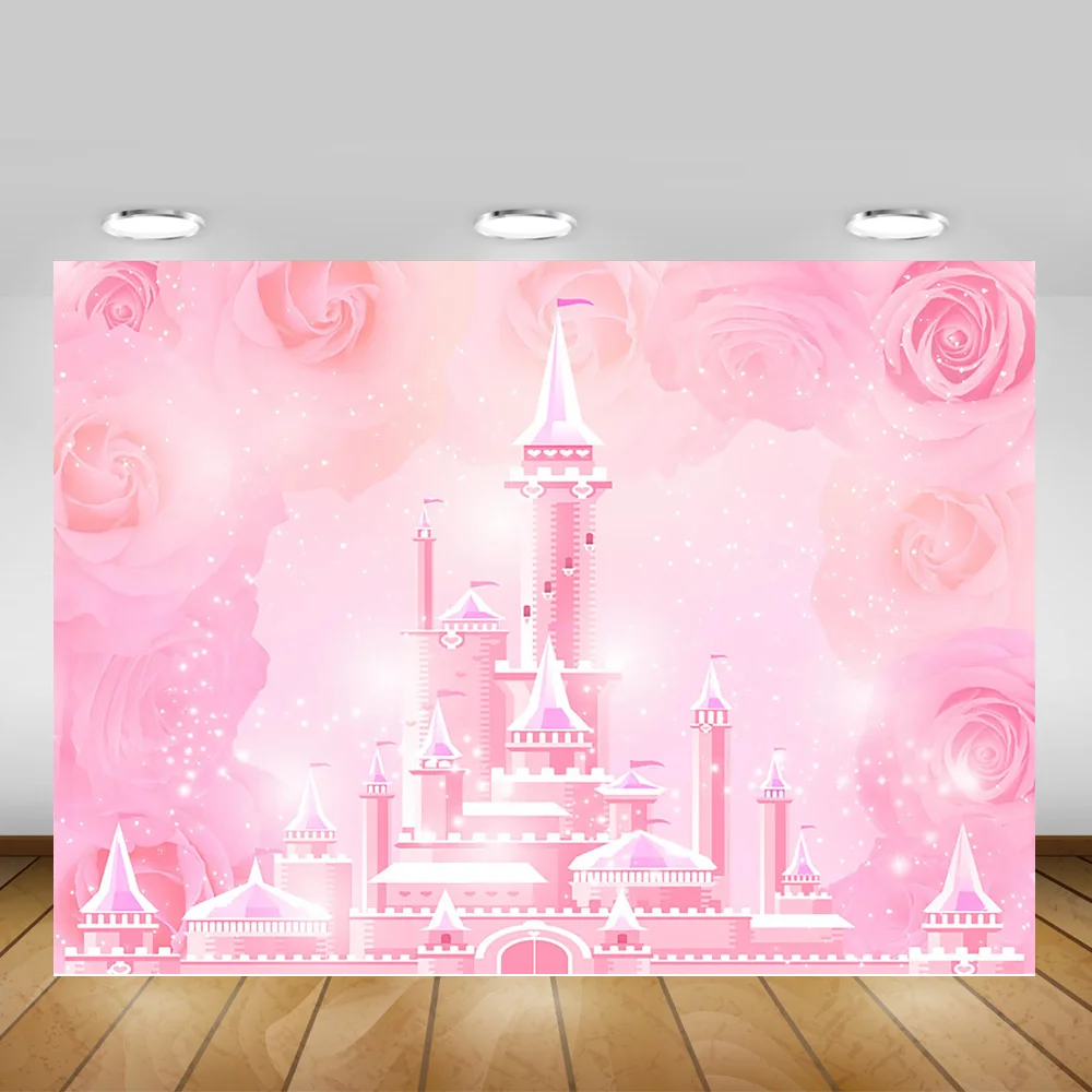 

Fairy Tale Castle Photography Backdrop Pink Flowers Princess Birthday Party Background Glitter Newborn Baby Photocall Photobooth