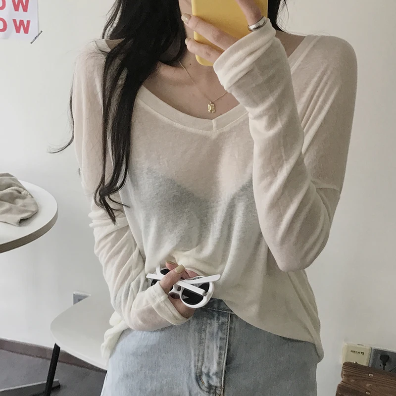 

XZ2691 2021 new style Loose V-neck long-sleeved T-shirt women's summer