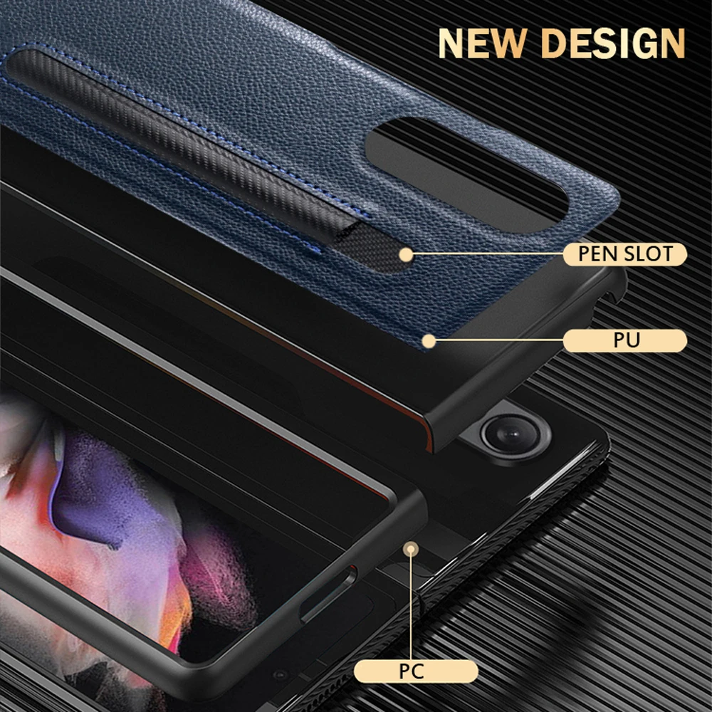 with pen holder case for samsung galaxy z fold 3 5g case cover full protection s pen slot leather capa for samsung z fold3 free global shipping